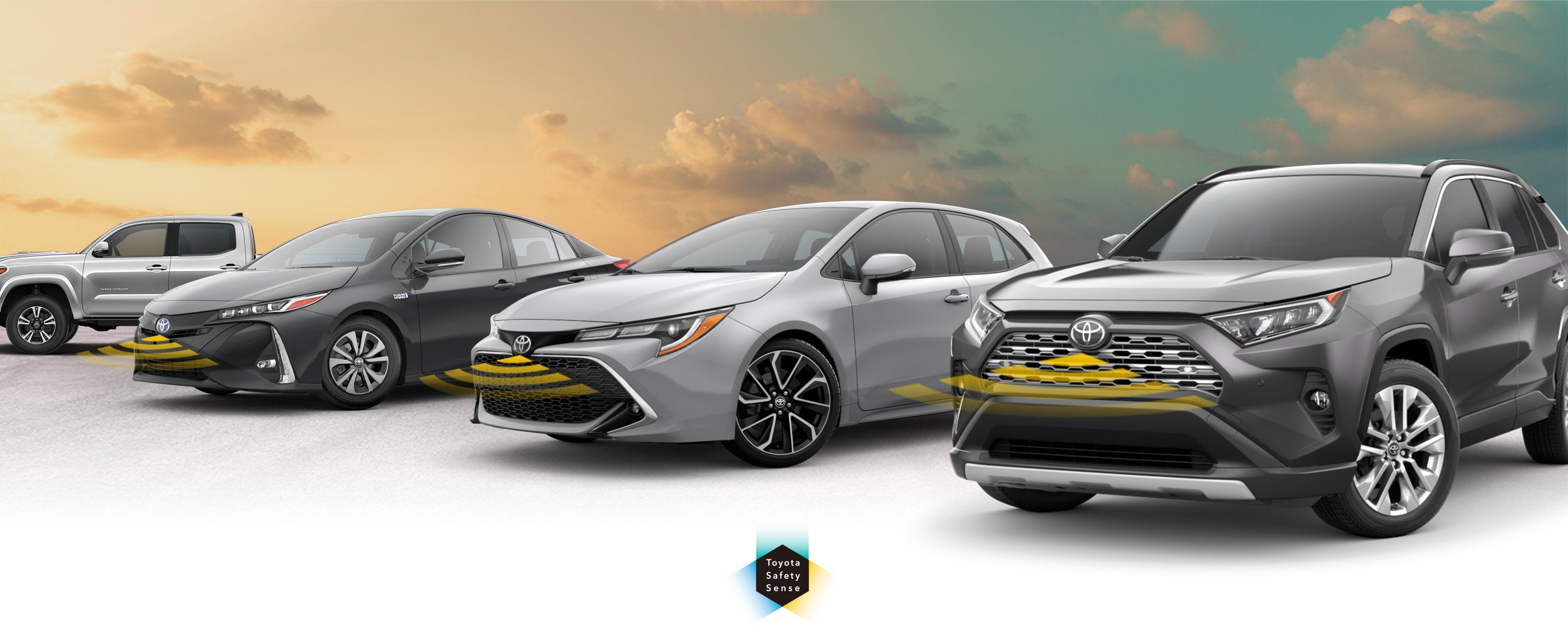 Toyota Safety Sense: Designed for Safety. Options shown on Toyota models including RAV4, Tacoma, and Camry, available now at Chuck Hutton Toyota in Memphis TN.